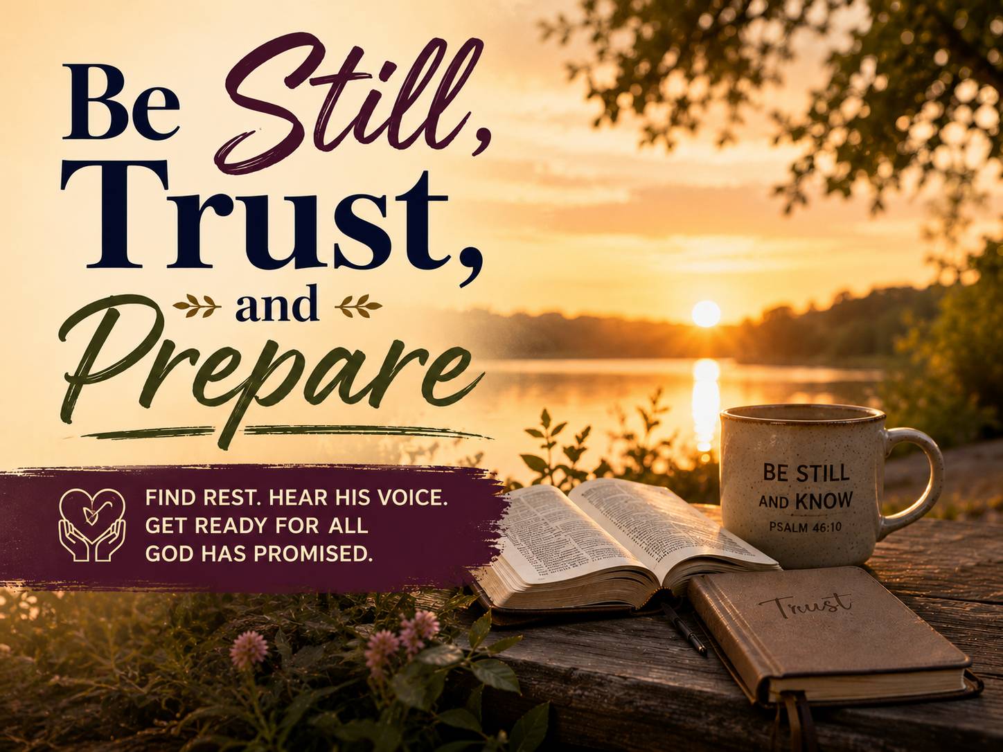 Sunset over water, a bible, journal and mug with Be Still and Know, Psalm 46:10 on it. 