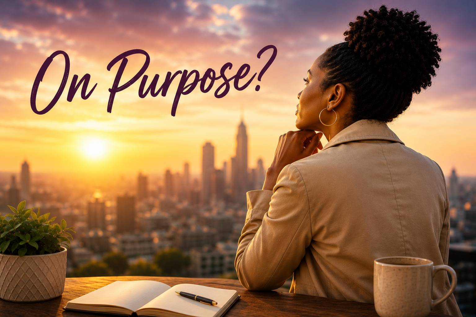 African American woman sitting with a journal and a mug looking into the distance where the sun is rising over the city. She is thoughtful. 