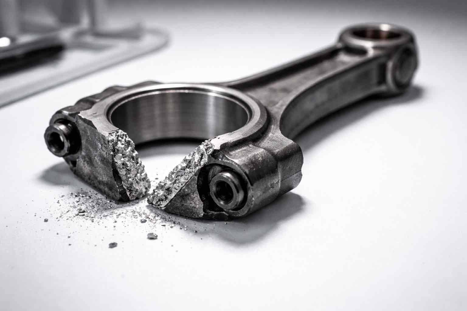 Detalhe macro de biela de motor fraturada analisada em laboratório pela Bruxel Perícias para laudo de incêndio.