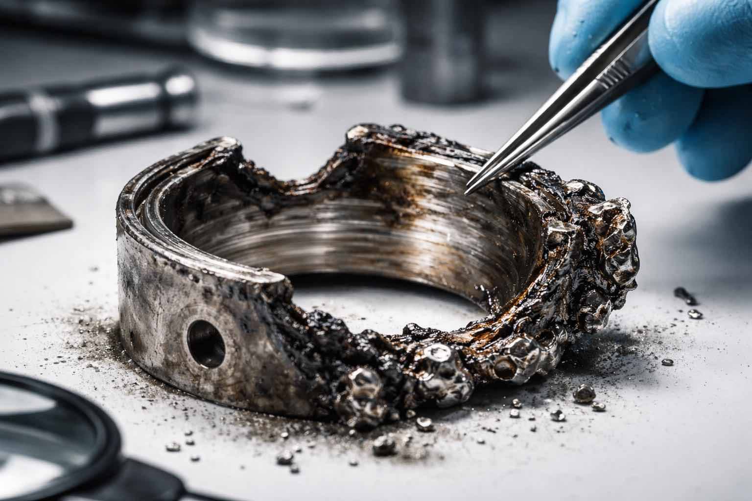 Fotografia macro de uma bronzina de motor derretida sob inspeção técnica, representando a precisão em engenharia forense da Bruxel Perícias no RS