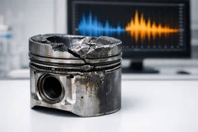Pistão de motor diesel em laboratório com gráfico de análise sonora ao fundo, representando a perícia acústica da Bruxel Perícias.