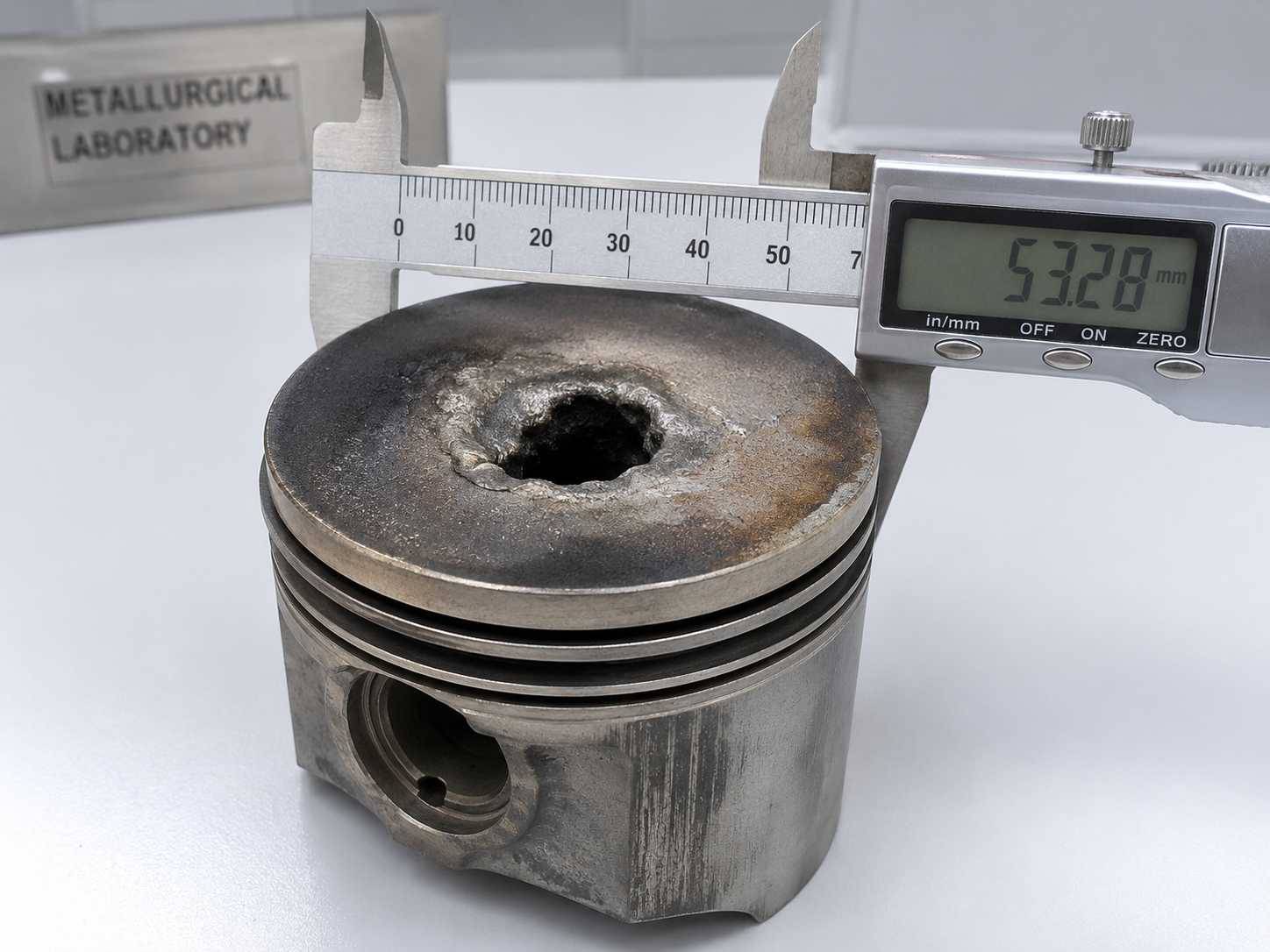 Pistão de alumínio com perfuração por calor extremo sendo medido por paquímetro na investigação de engenharia forense da Bruxel Perícias no RS.
