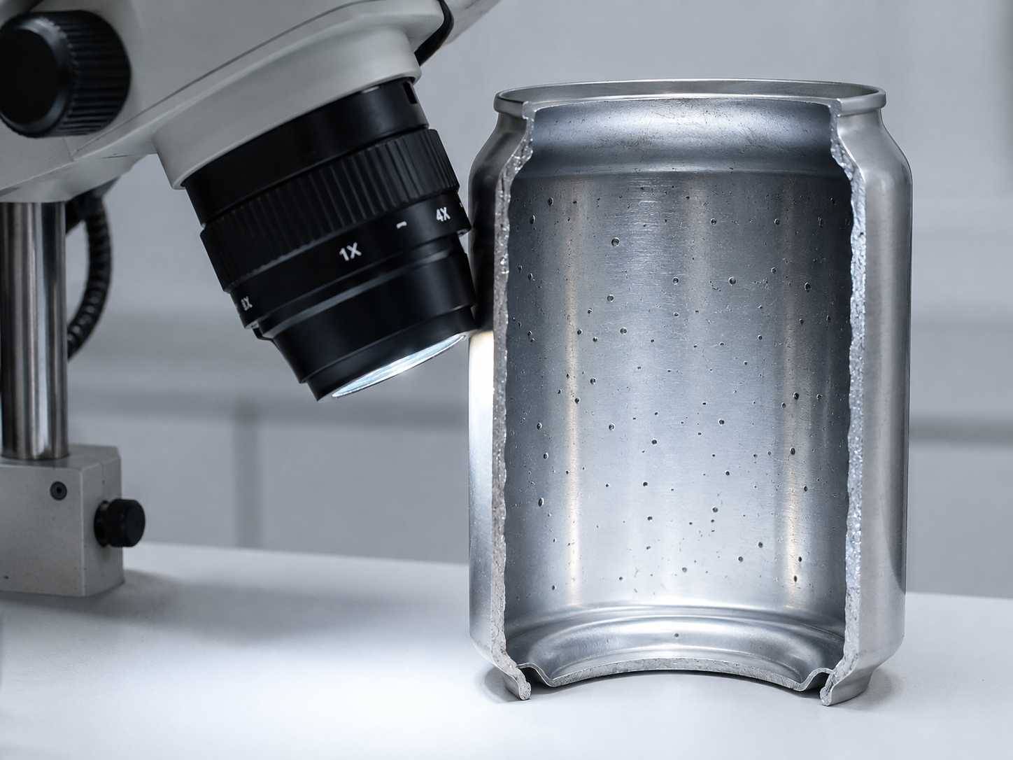 "Corte longitudinal de lata de aerossol de alumínio em análise técnica sob microscópio de laboratório na perícia judicial da Bruxel Perícias no RS."