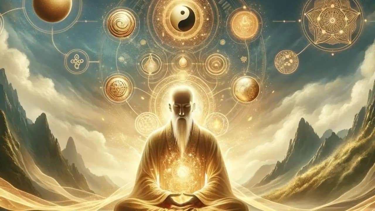 wise man in seated meditation. his heart glows as he is surrounded by golden orbs.