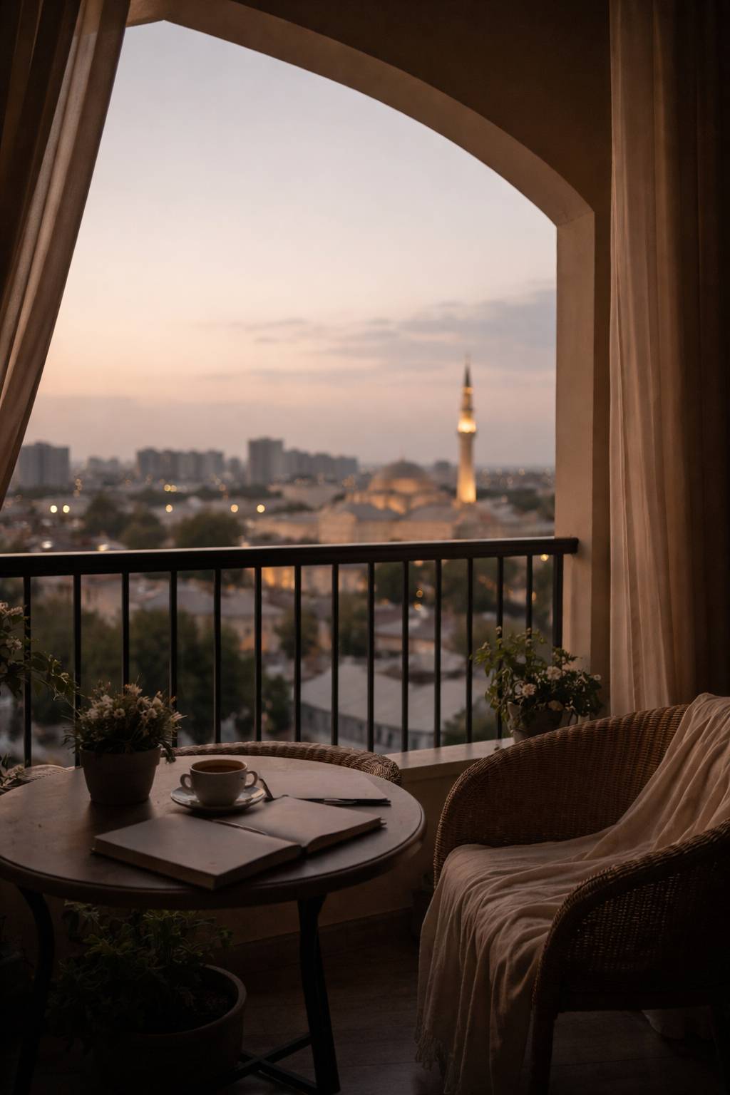 Balcony view at dusk, quiet residential street, soft evening light