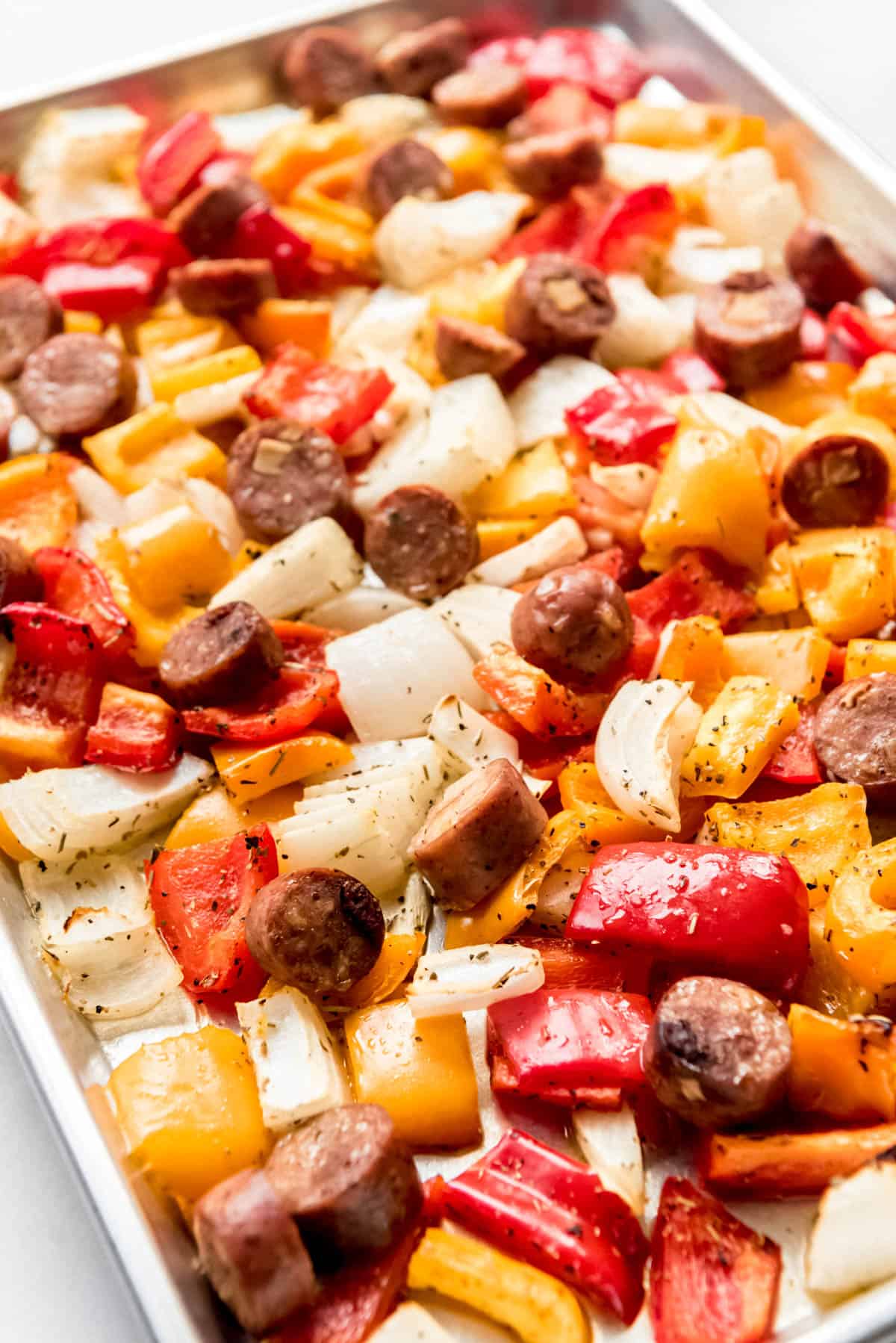 Sheet Pan sausage, peppers, and onions.