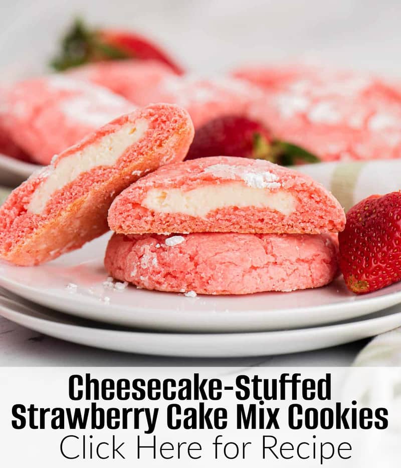 An image of Cheesecake-Stuffed Strawberry Cake Mix Cookies