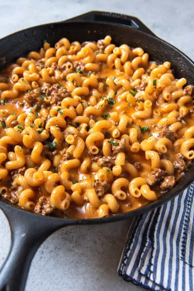 Cheesy Hamburger Helper Pasta in skillet.