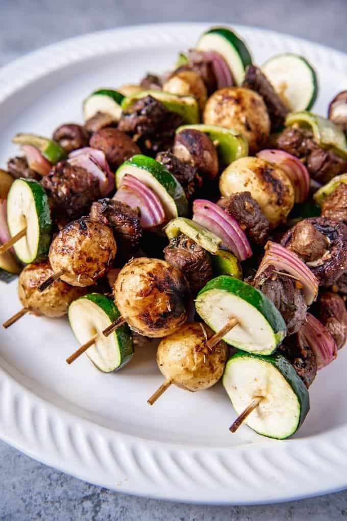 An image of Best Beef Kabobs with meat and veggies.