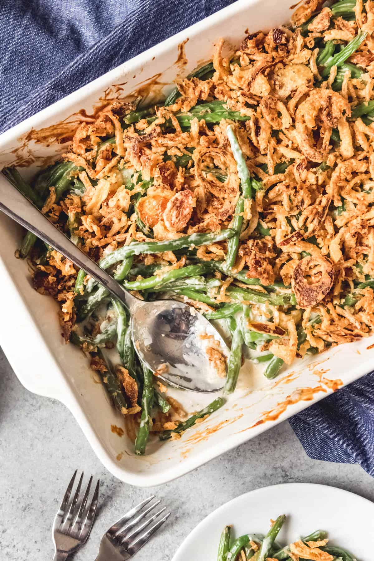 An image of Fresh Green Bean Casserole in a baking dish. 