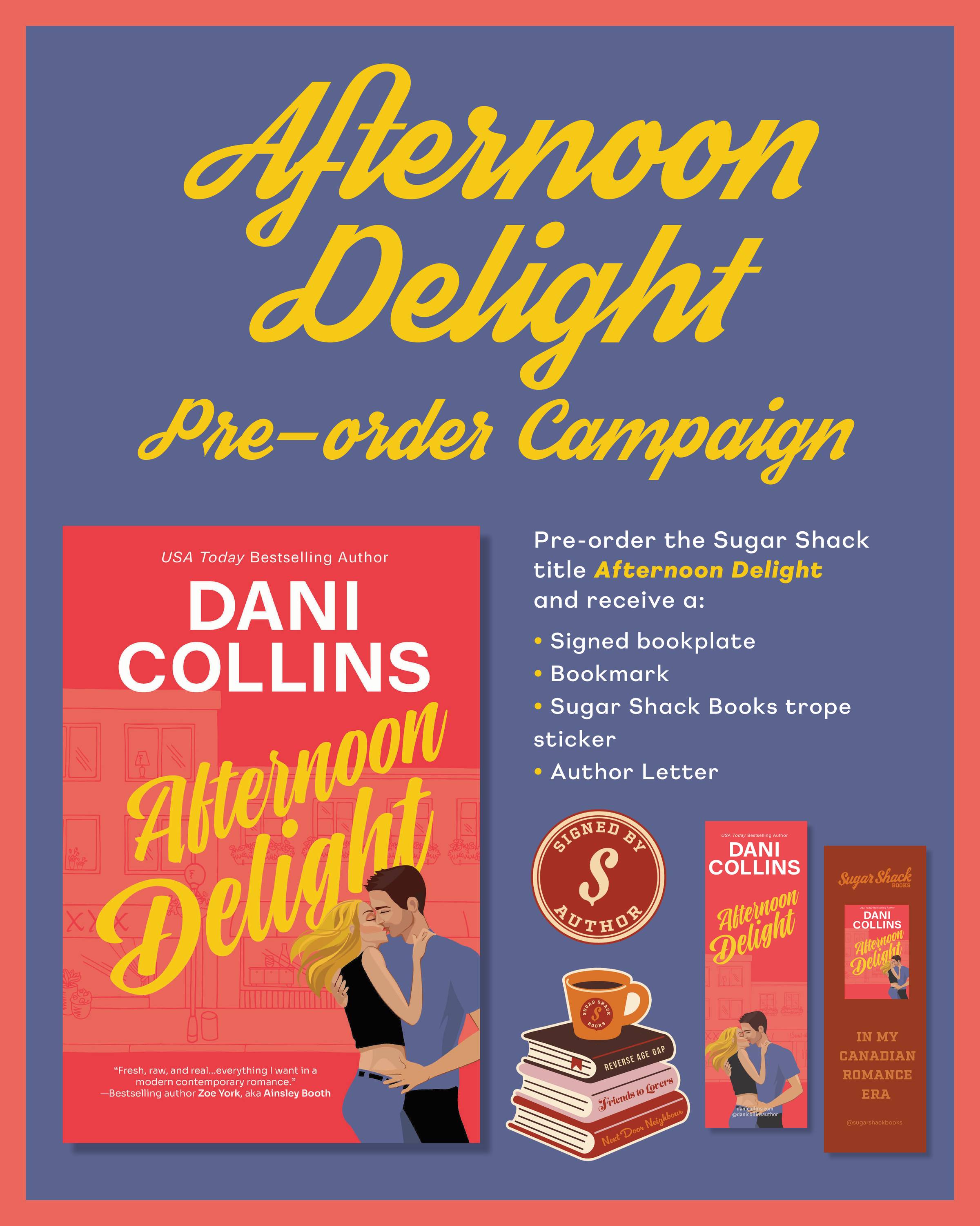 graphic with cover for Afternoon Delight describing exclusive extras shipped with the book when ordered from participating stores, including a bookmark, a signed book plate, and a trope sticker. 