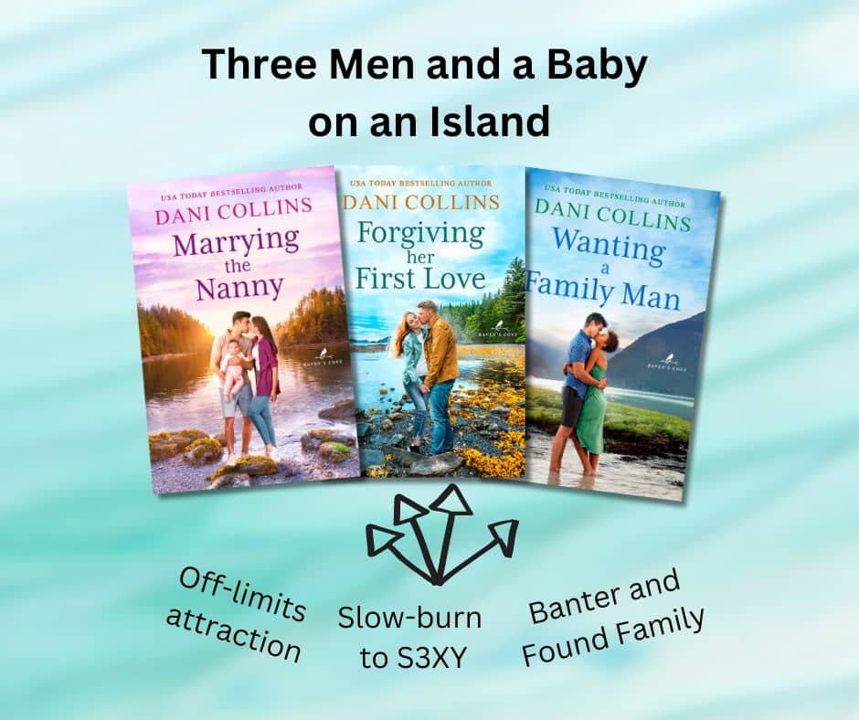 Three book covers from the Raven's Cove trilogy with text that reads "Three men and a baby on an island" and "Off limits attraction" "slow burn to sexy" and "banter and found family" with various arrows