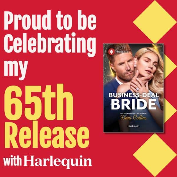 Red square with four yellow diamonds behind cover for Business-deal Bride. White and yellow text reads "Proud to be celebrating my 65th Release with Harlequin.