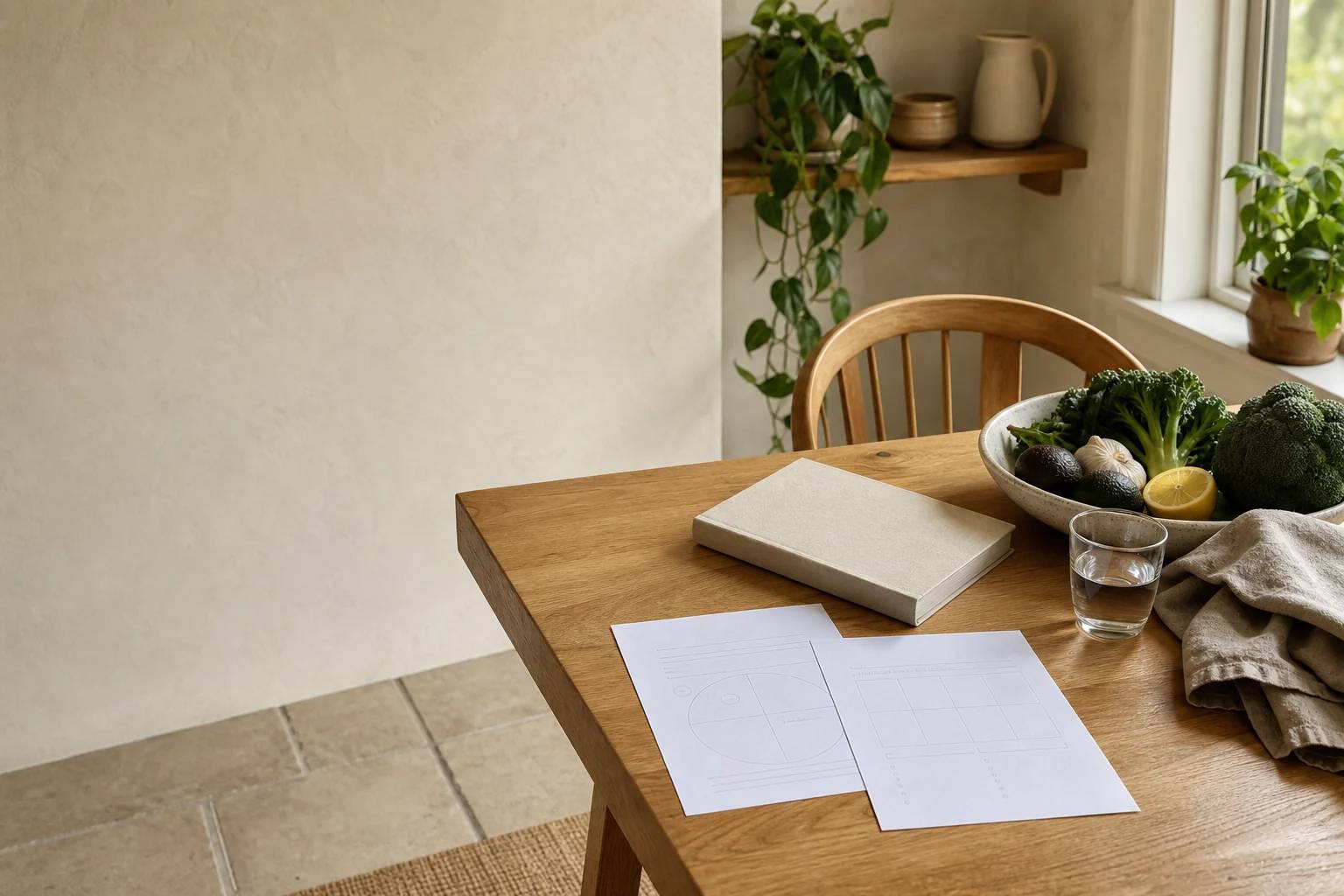 A plate of fruit, a blank book, and tea.