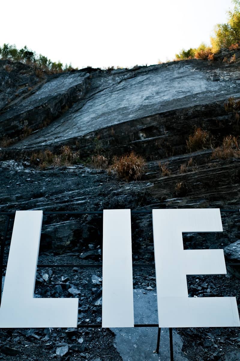 The word "lie" is displayed in a bleak landscape.