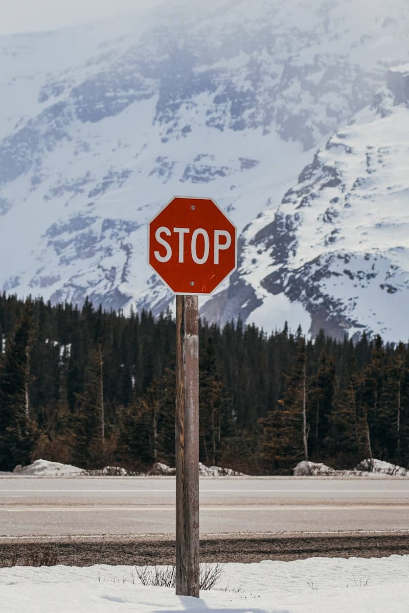 A stop sign stands before a snowy mountain.
