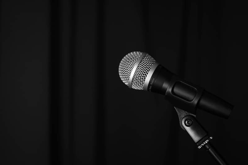 A microphone stands against a dark background.