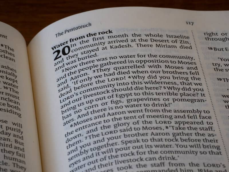 Open bible page with "water from the rock" heading.