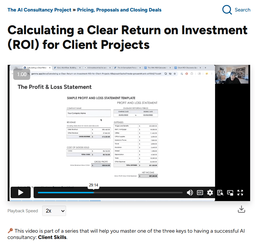 Screenshot of a lesson on calculating ROI for clients