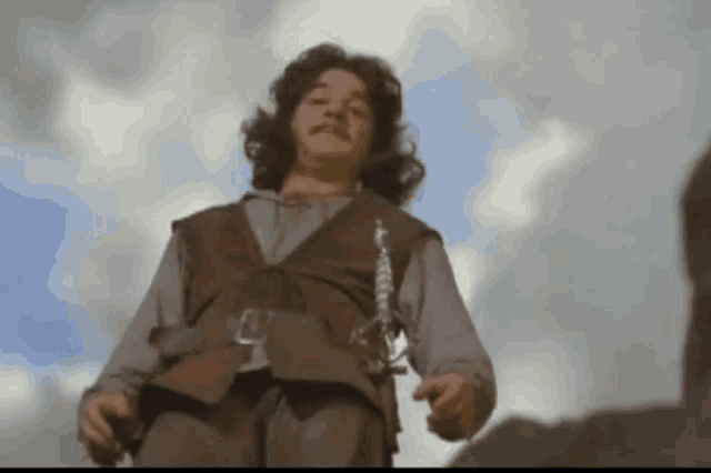 Gif of the character, Inigo Montoya from The Princess Bride. He looks down at the camera like he's looking over the side of a cliff. There's a blue sky with fluffy white clouds behind him. He says I Hate Waiting" before turning away from the camera and wa