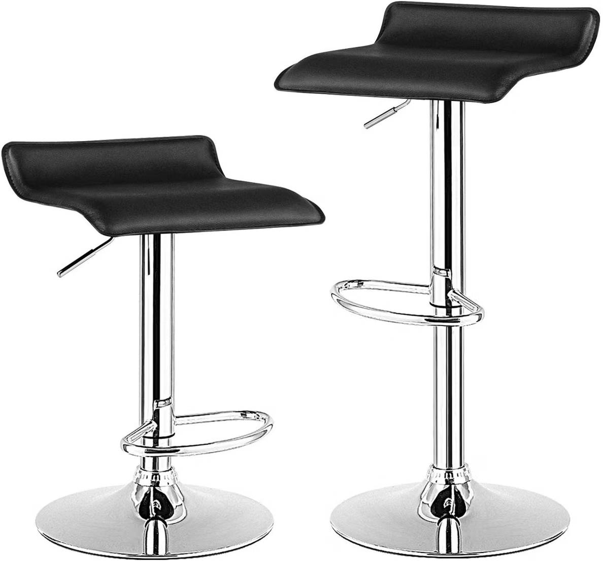 Two adjustable black bar stools with curved padded seats, chrome pedestal bases, oval footrests, and height-adjustment levers, shown at different heights on a white background.