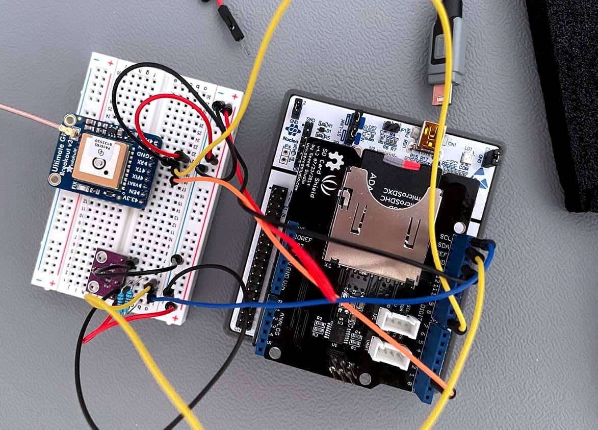 Photo from breadboard setup with my SD card shield mounted on my dev board
