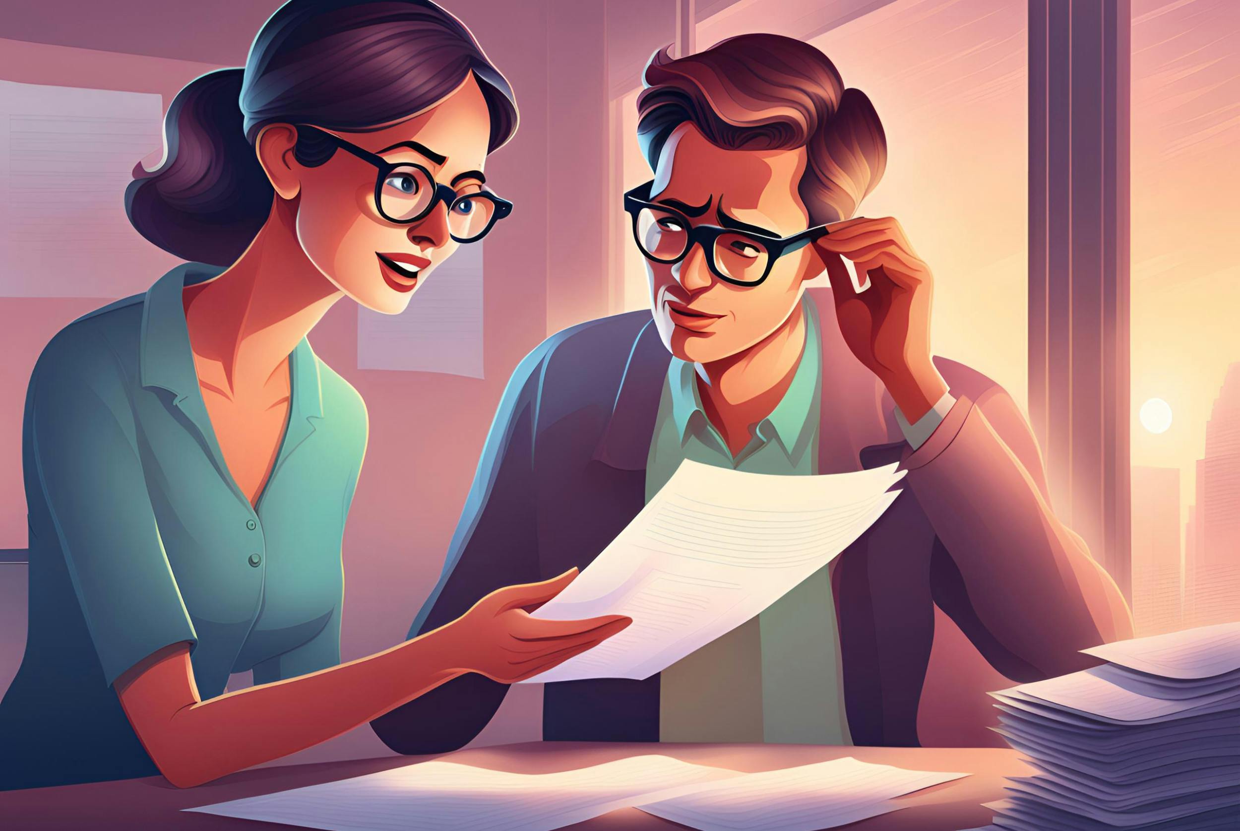 Illustration of a man and woman looking at a piece of paper together