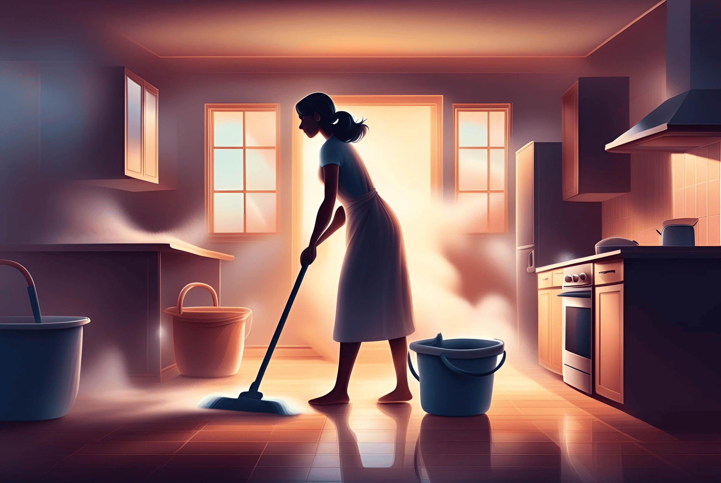 Illustration of a woman mopping a kitchen floor