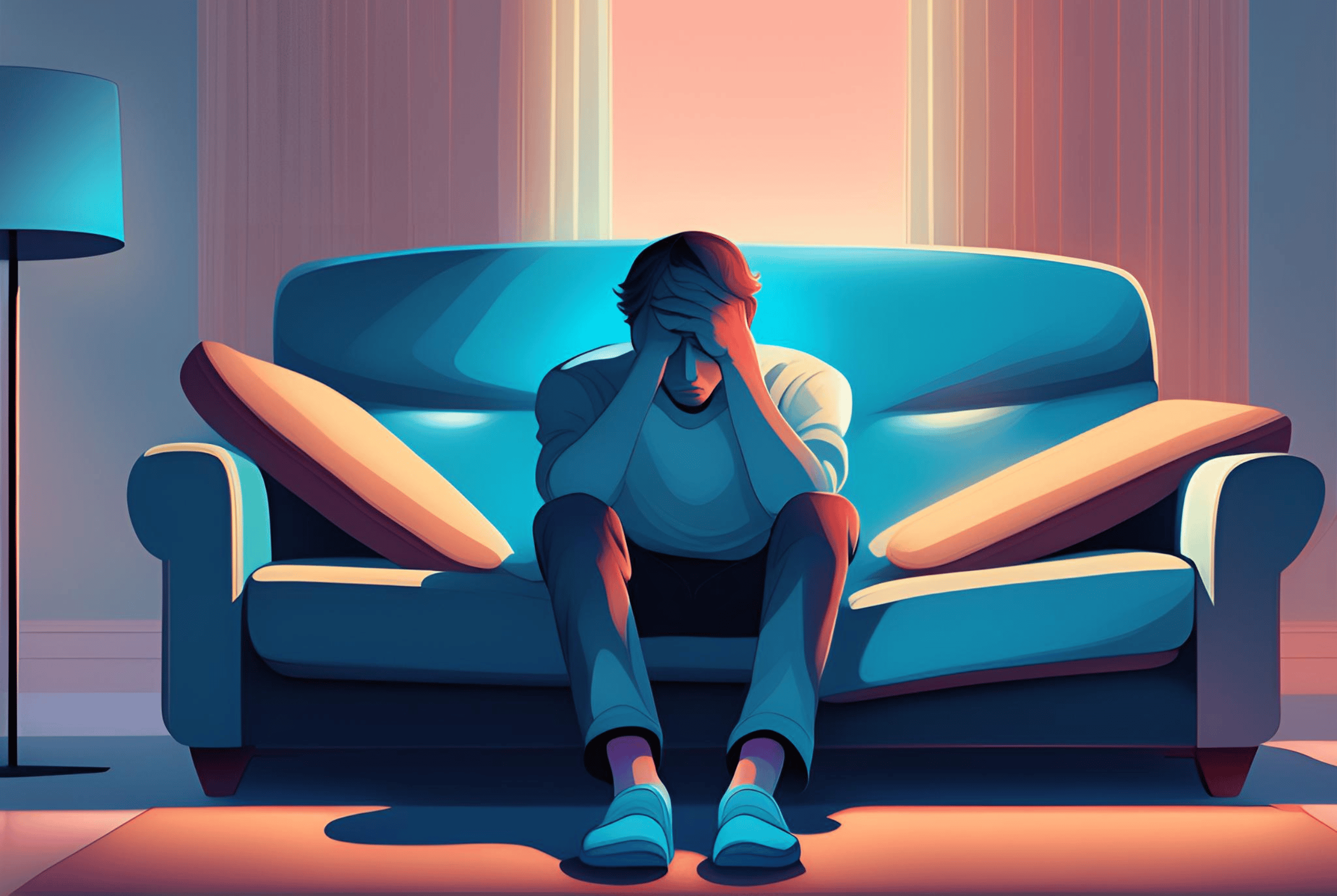 Illustration of a sad man sitting on a sofa holding his head in his hands