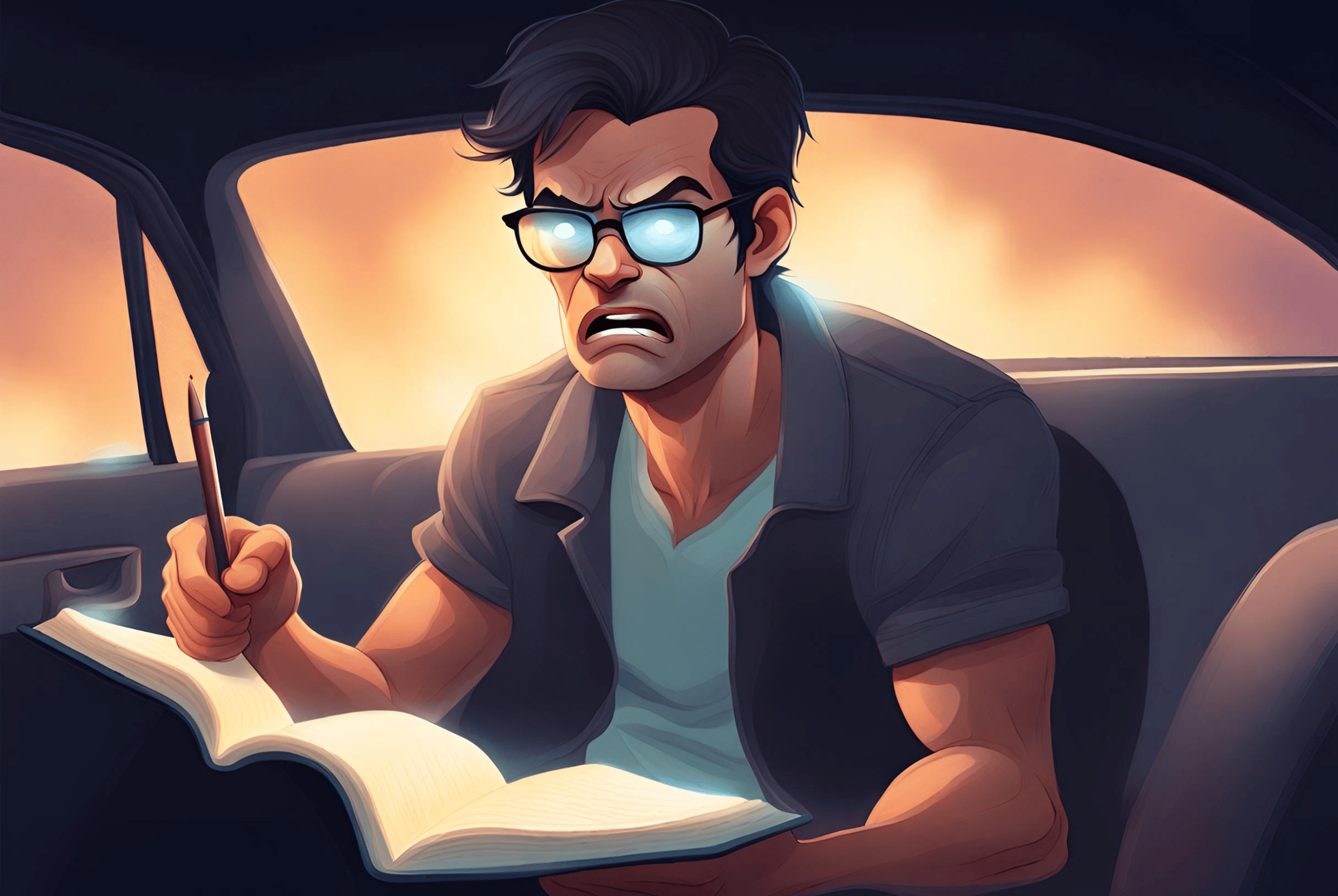 Illustration of an angry man sitting in a car and writing in a journal