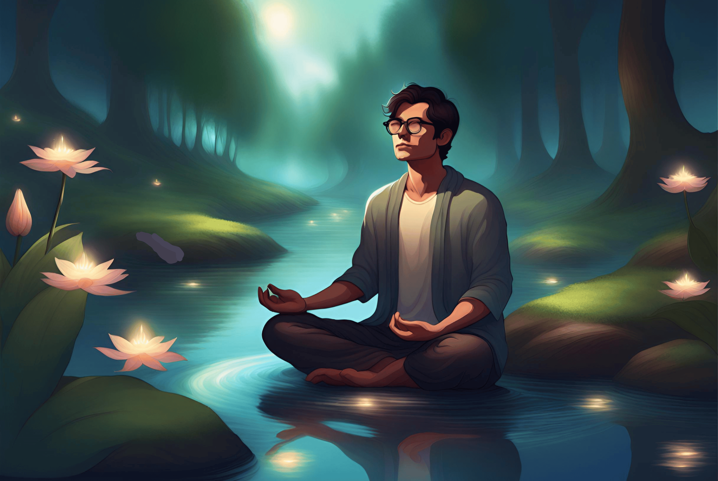 Illustration of a man meditating near a stream