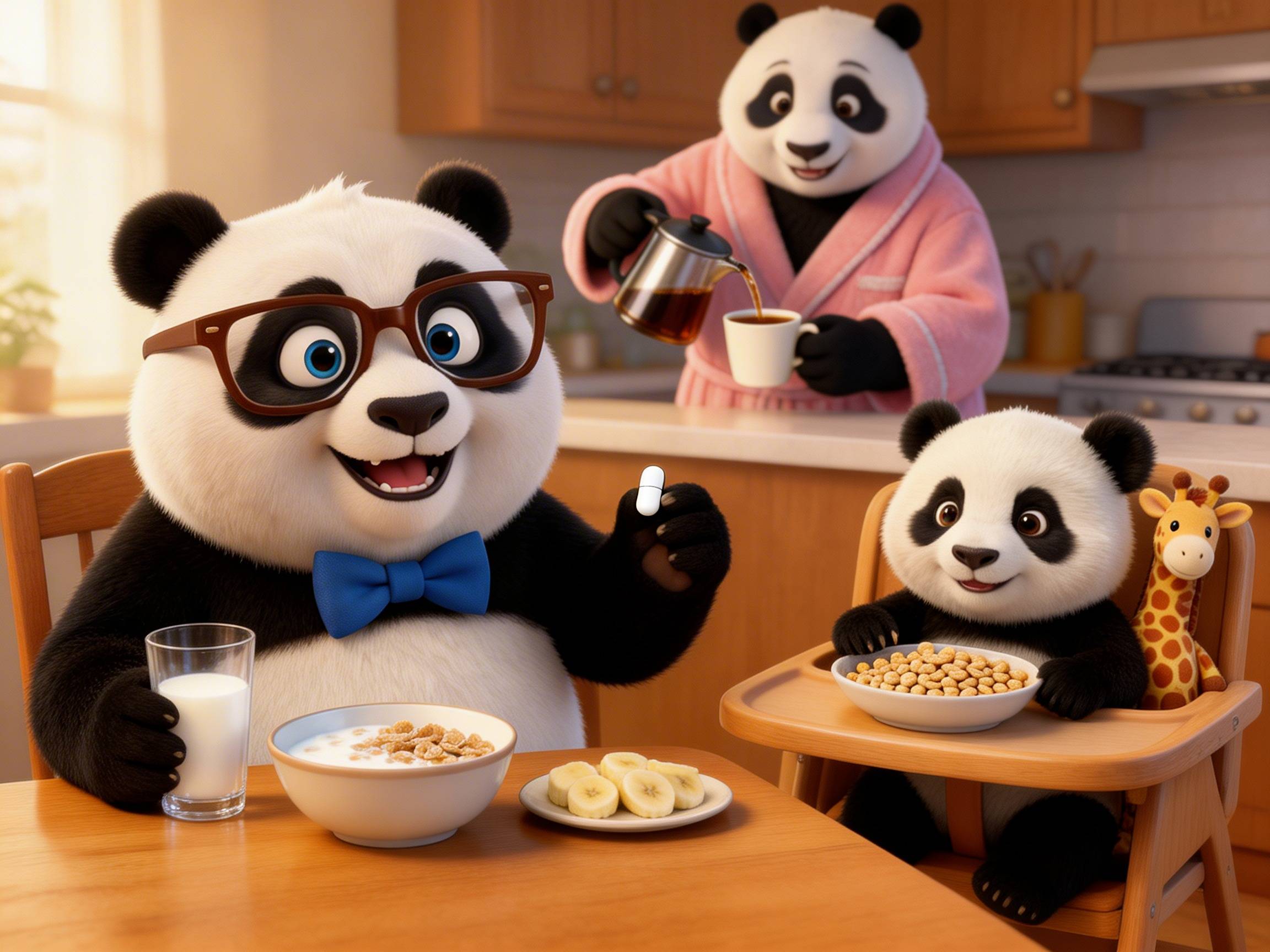 A cartoon image of Papa Panda smiling and sitting at a table holding a glass of water in one paw and a white pill in the other.