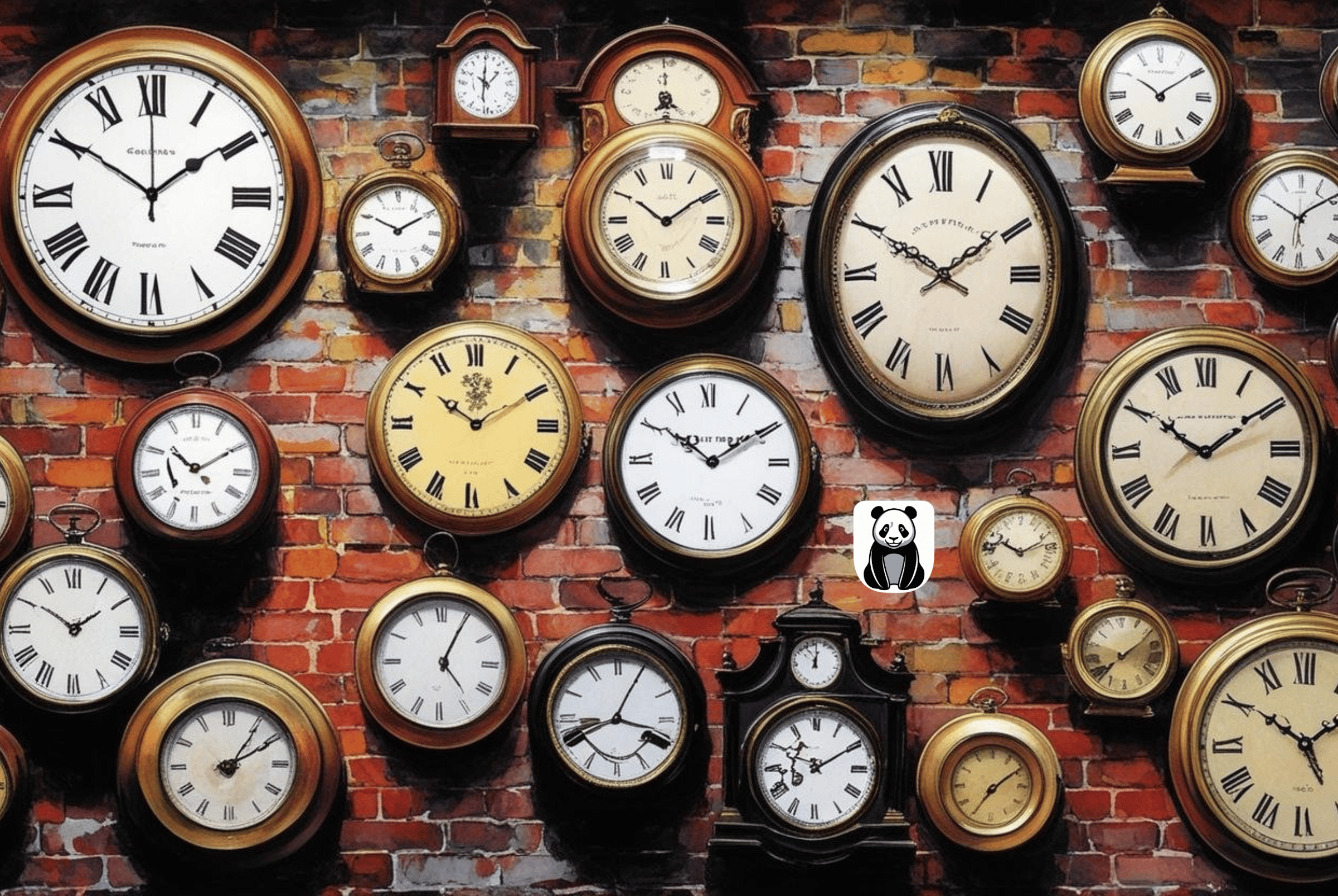 Illustration of a brick wall covered with clocks 
