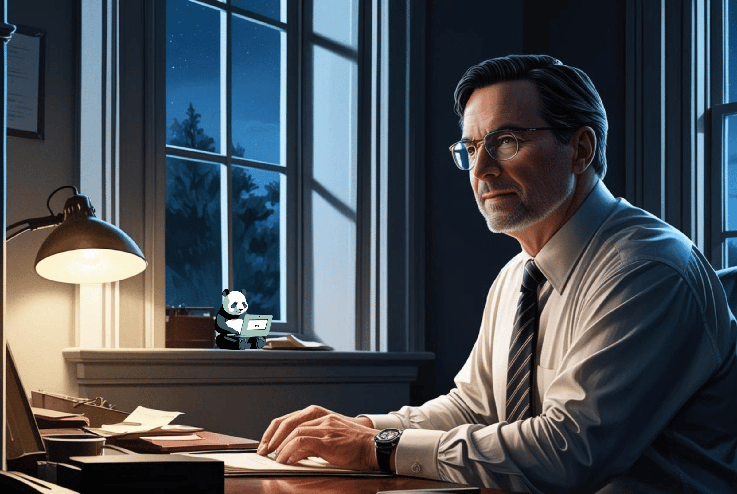 Illustration of a man working in an office after it is dark outside
