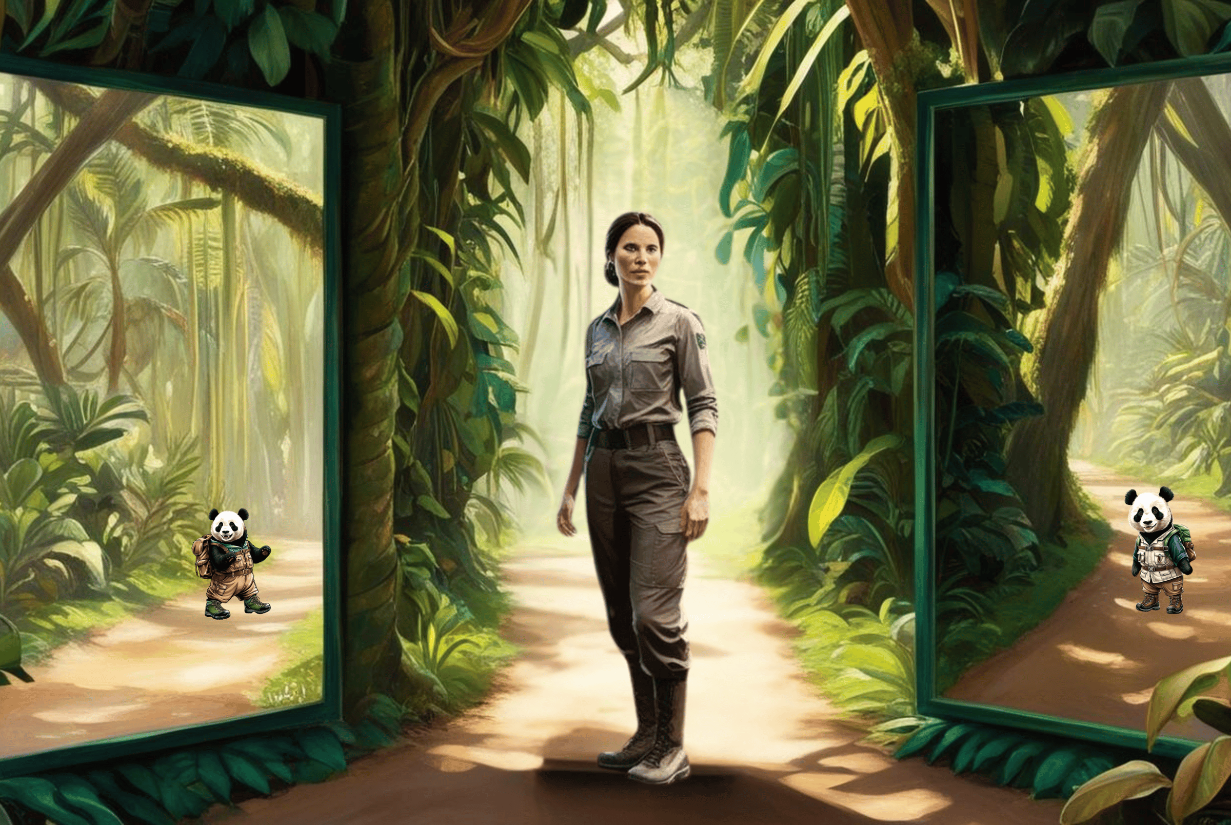 Illustration of a woman dressed like a hiker in the jungle with two paths before her
