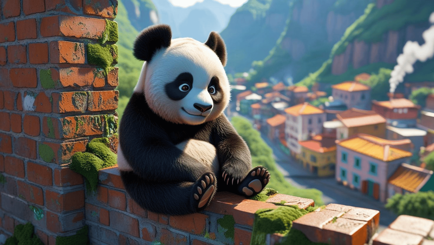 Illustration of a happy cartoon panda sitting outside on a brick wall above a small town and thinking