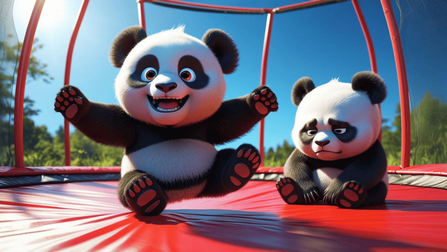 Illustration of a happy cartoon panda bouncing on a trampoline while a sad cartoon panda sits in a corner nearby