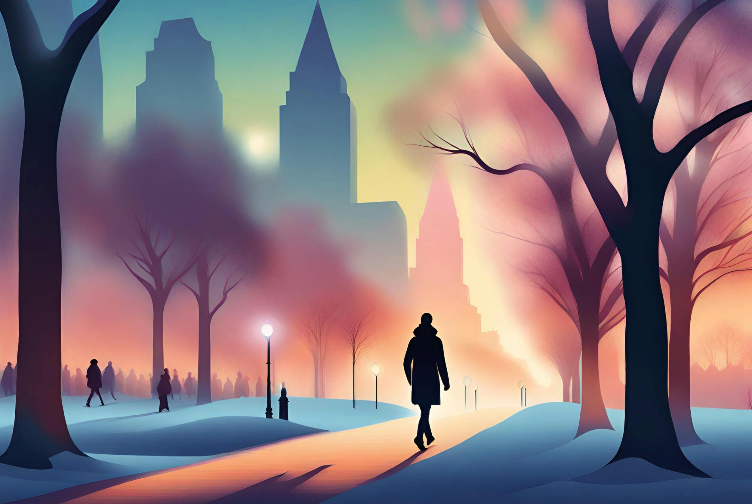 Illustration of people walking in a city park in winter