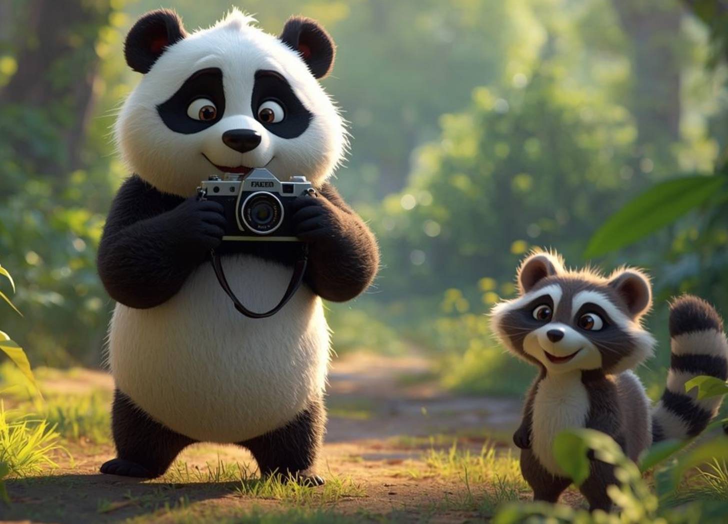 a happy cartoon panda taking pictures while on a nature walk. a happy cartoon raccoon watches nearby.