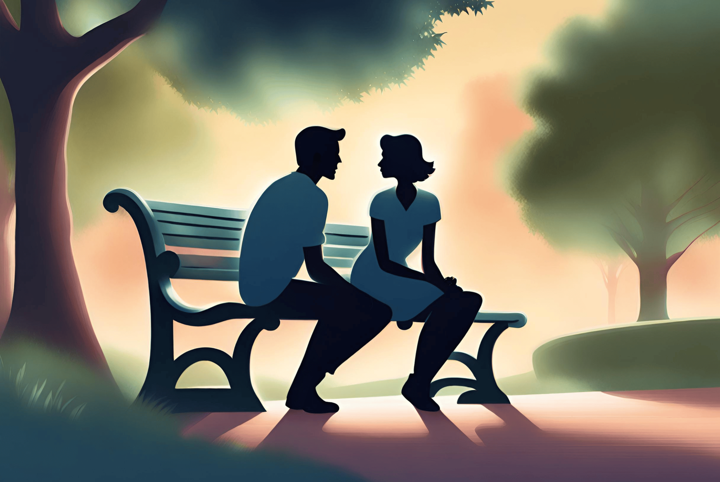 Illustration of a couple sitting on a park bench and talking