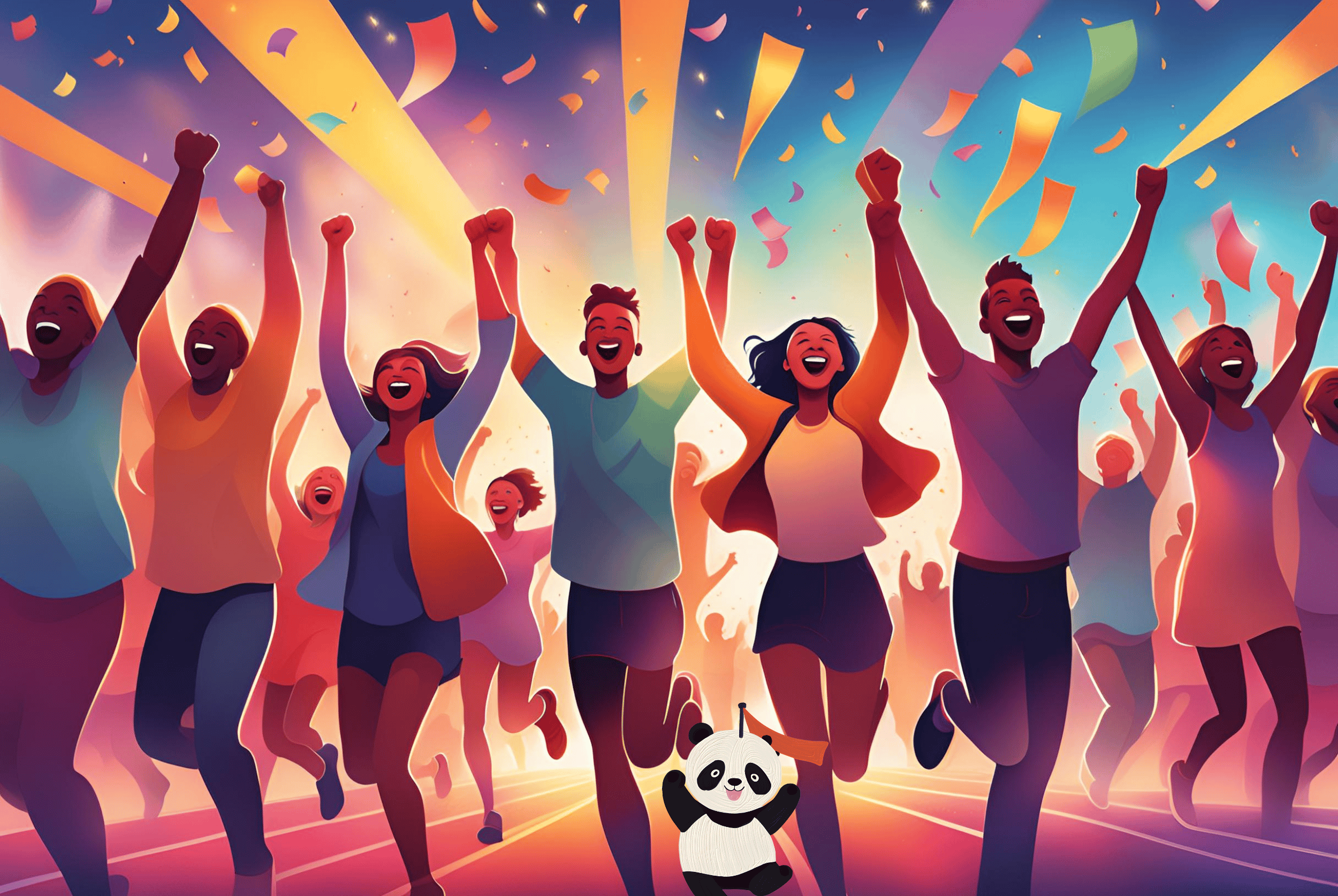 Illustration of a group of people celebrating near a finish line