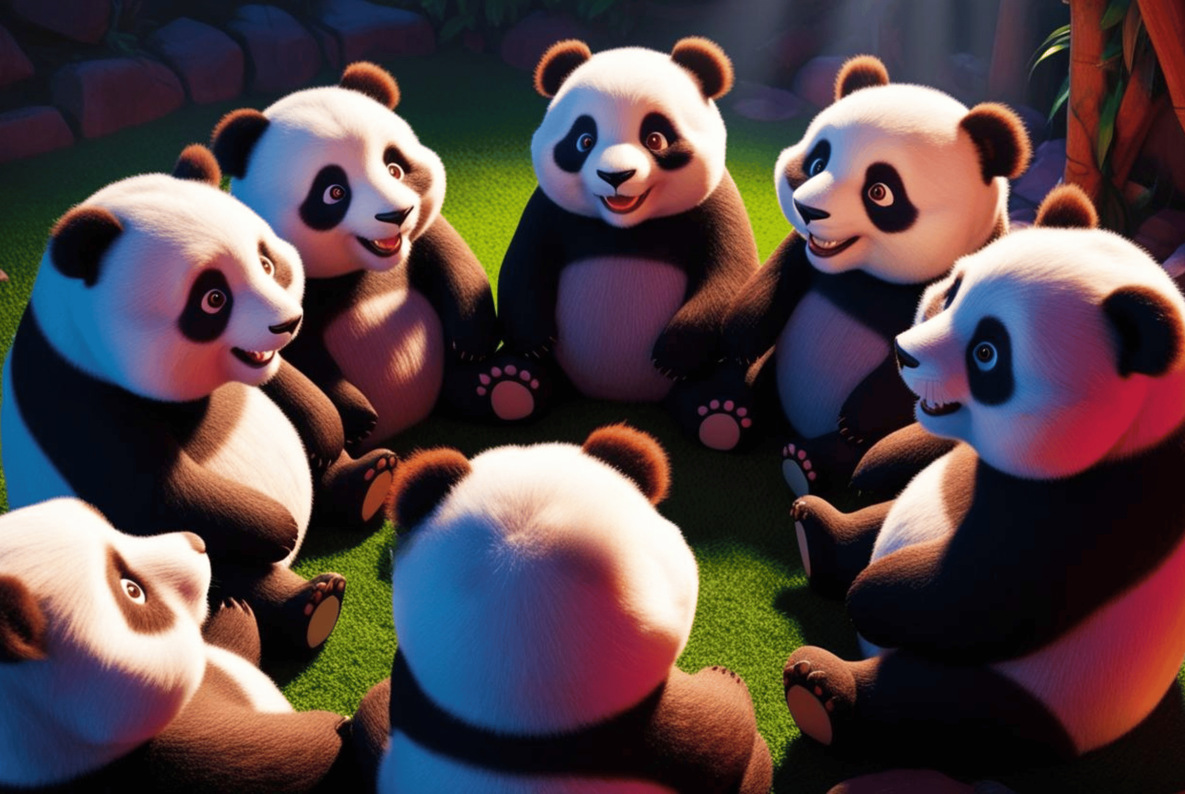 illustration of a group of cartoon pandas sitting in a circle talking