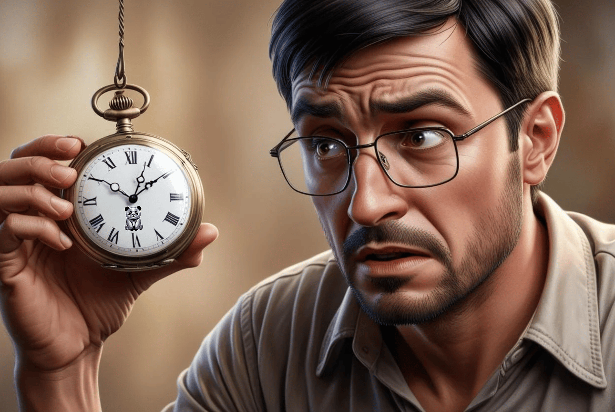 Illustration of a confused man looking at a pocket watch 