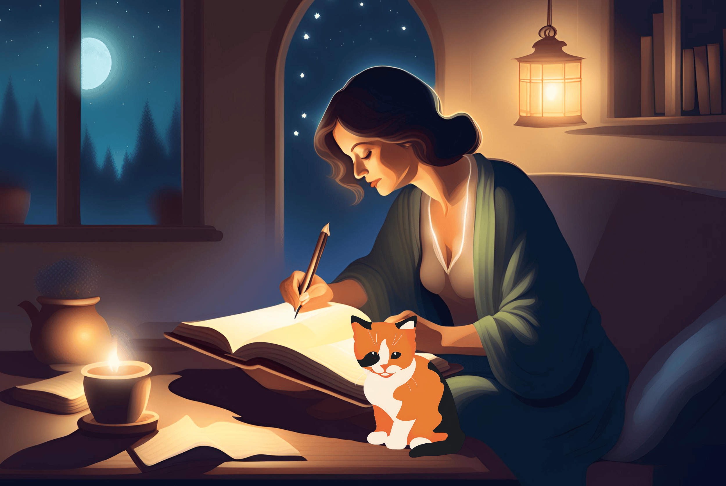 Illustration of a woman writing in a journal late at night with a cat next to her