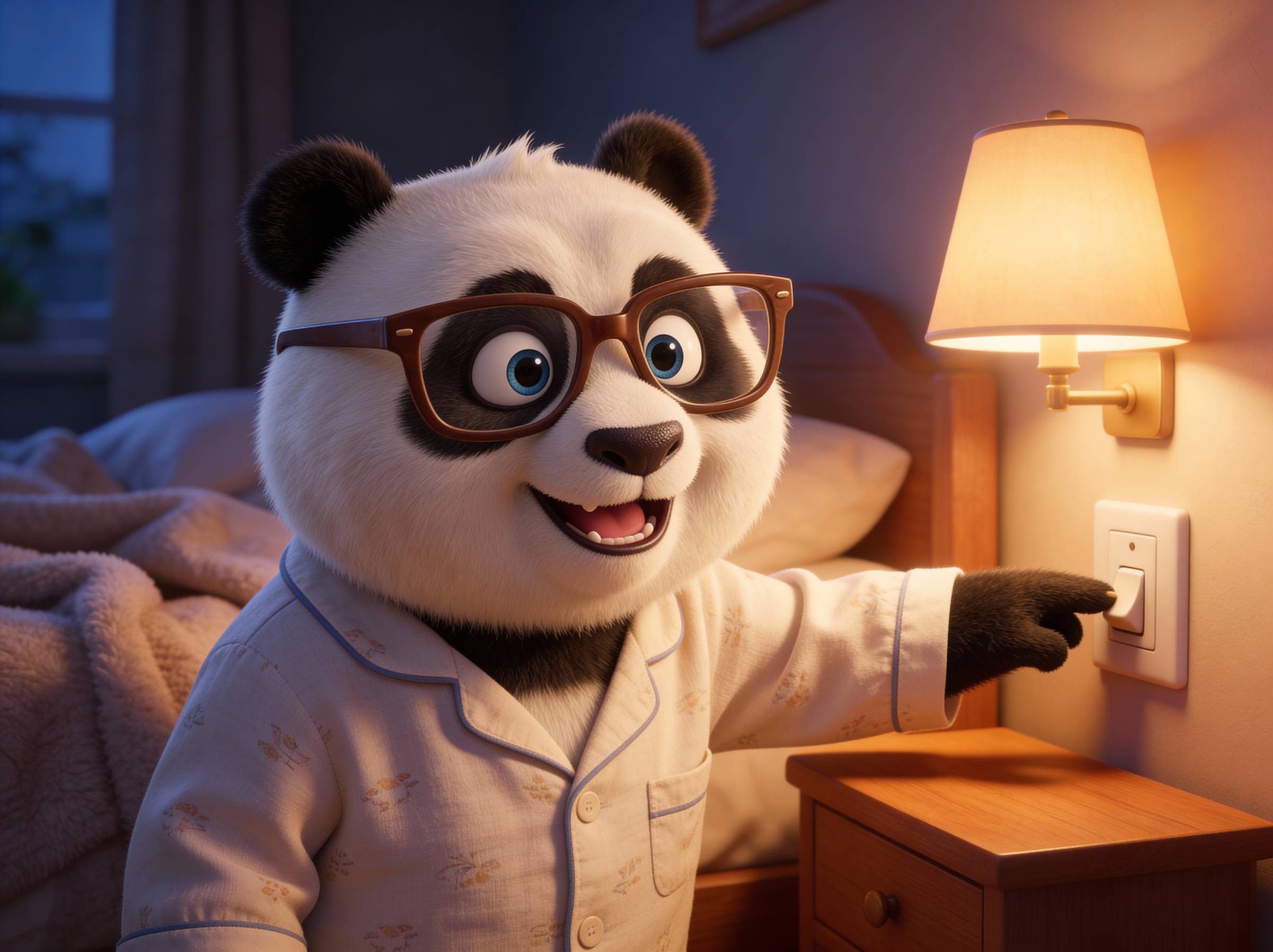 Illustration of smiling cartoon panda wearing pajamas and turning down the lights so he can go to bed