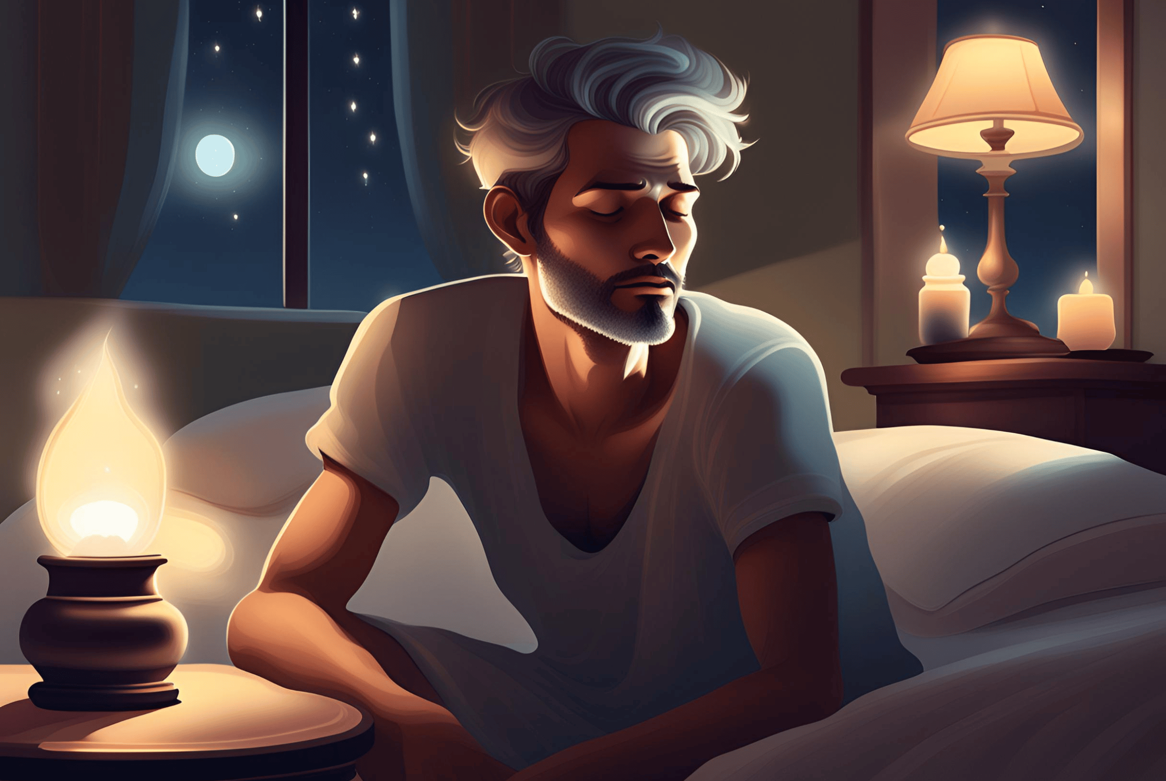 Illustration of a sleepy man sitting up in bed in the middle of the night