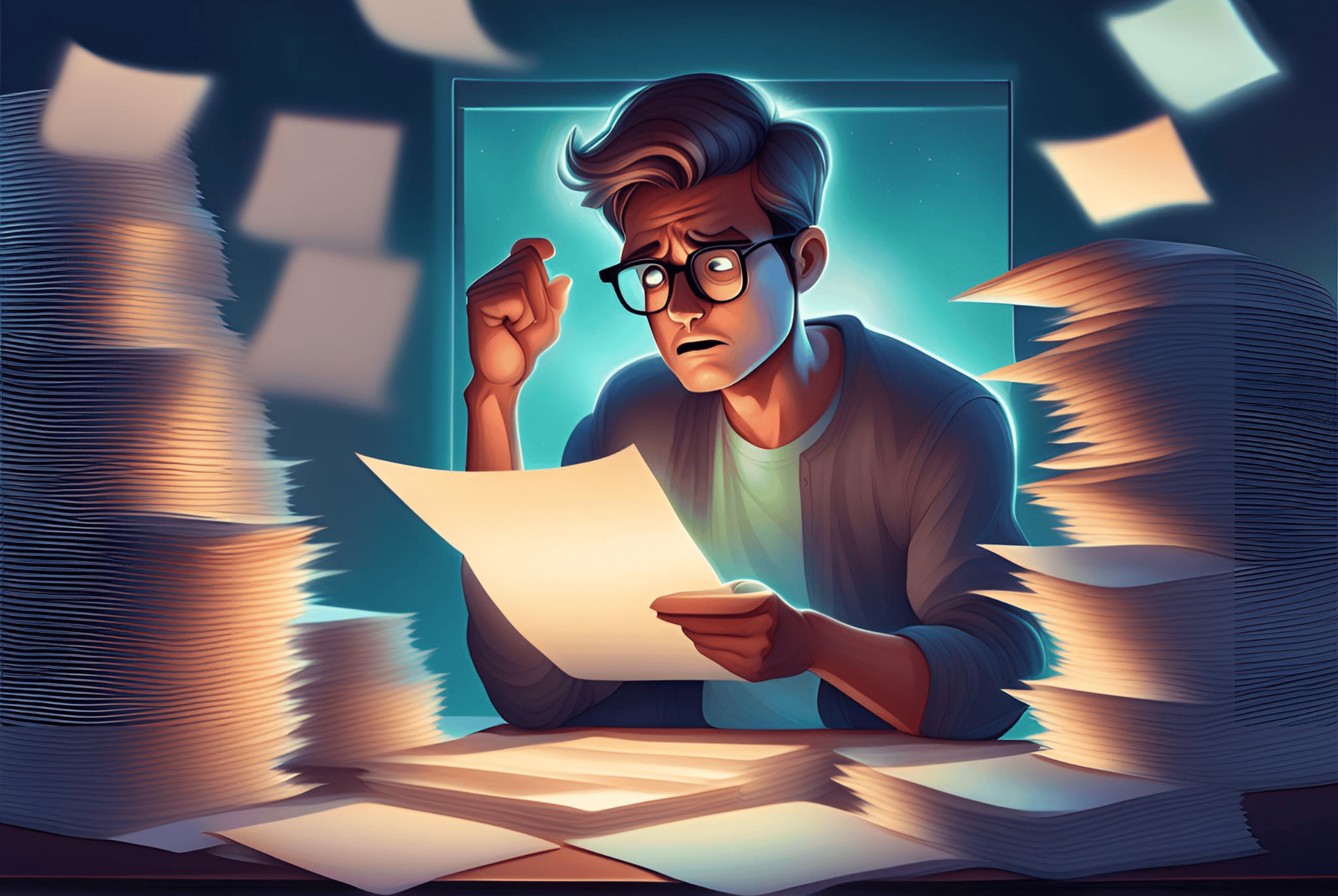 Illustration of a confused man looking at piles of paper on a desk