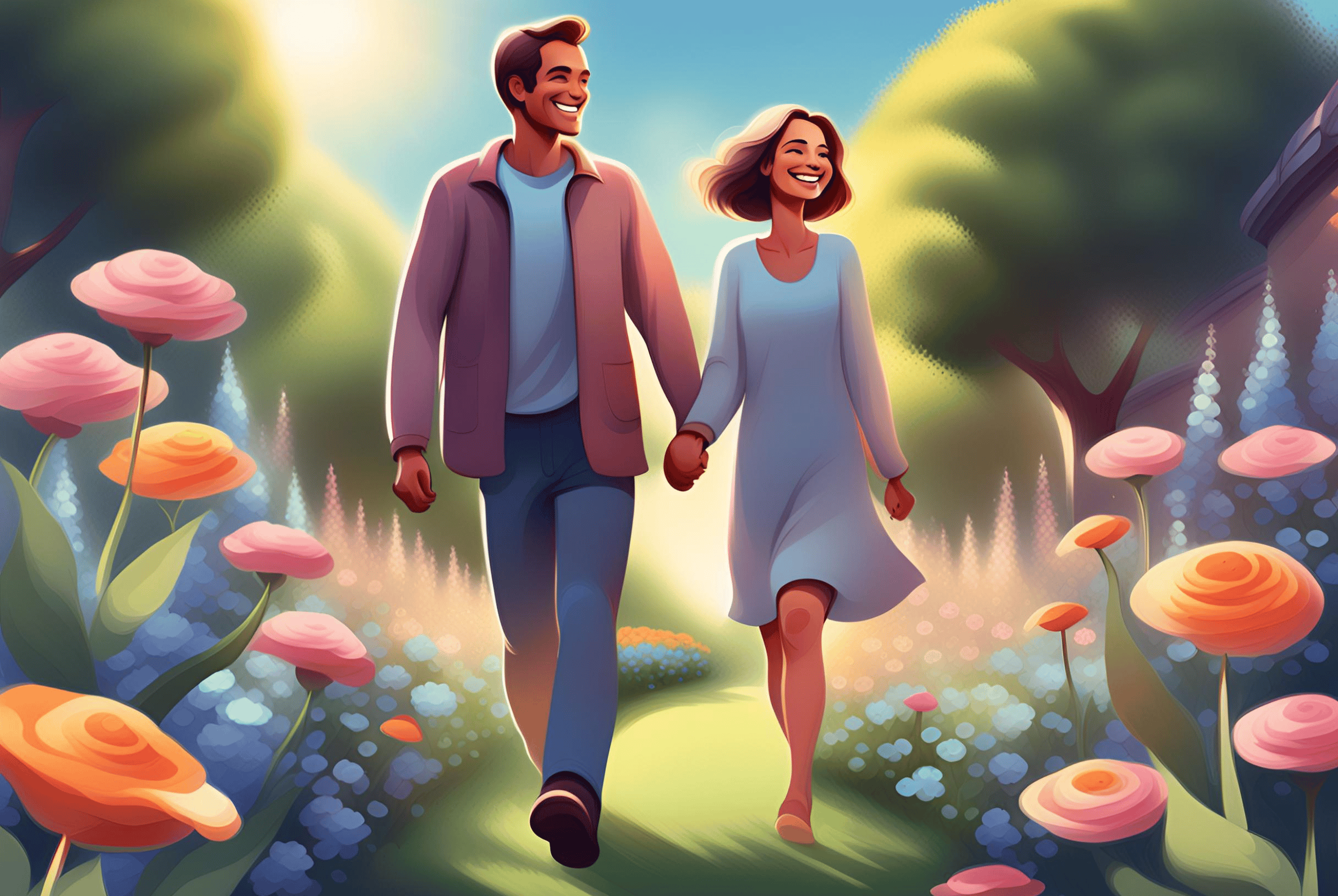 Illustration of a smiling man and woman walking in a flower garden on a sunny day