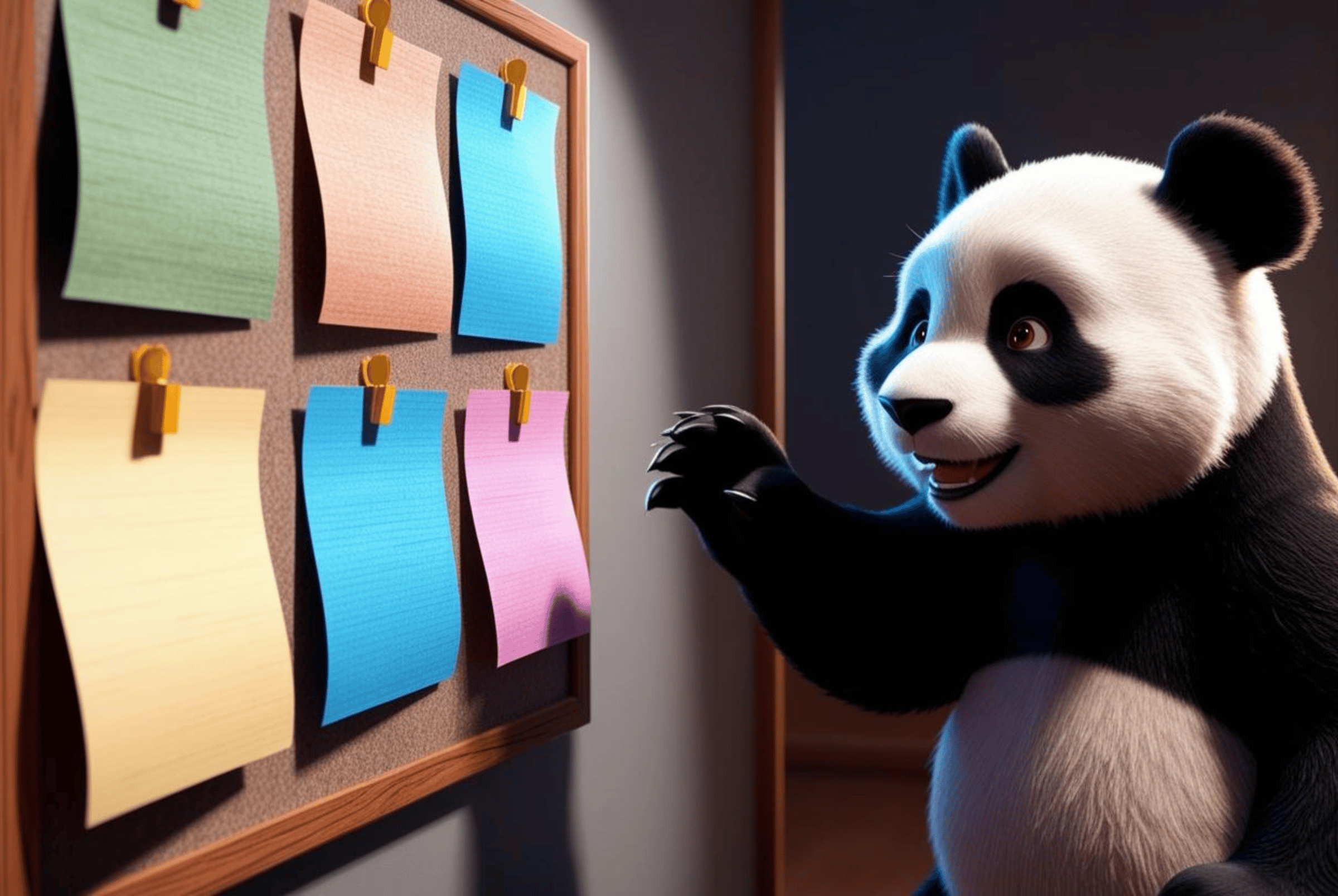 Illustration of a thinking cartoon panda looking at six slips of paper hung on a corkboard
