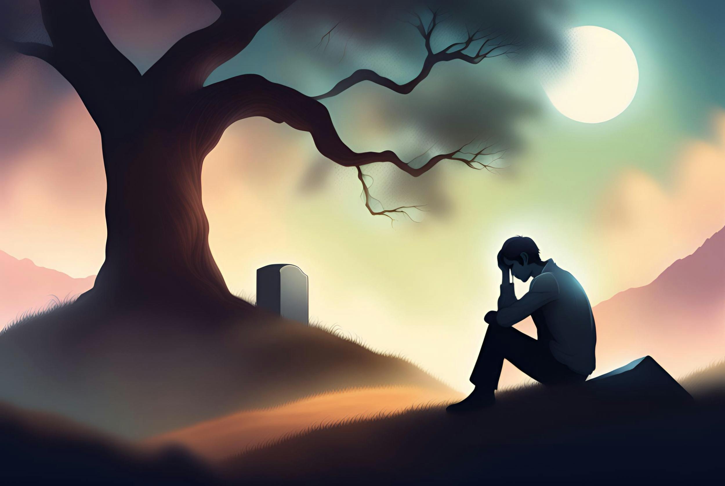Illustration of a sad man sitting in a cemetery near a tree